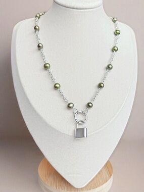 Silver Chain Necklace with Olive Green Pearls and Padlock Pendant